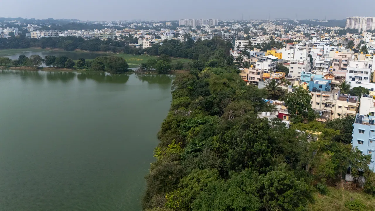Doddabommasandra Lake urban interface Bengaluru residential area aerial.